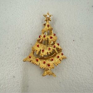 Vintage Signed Gerry's Goldtone Red Enamel Christmas Tree Shape Pin Brooch